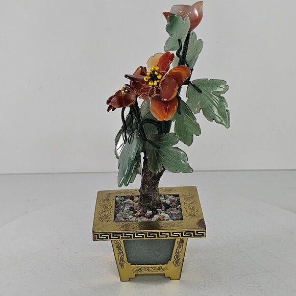 Vintage Chinese Jade Bonsai Tree Carved Carnelian Gemstone Brass Planter - Picture 4 of 9